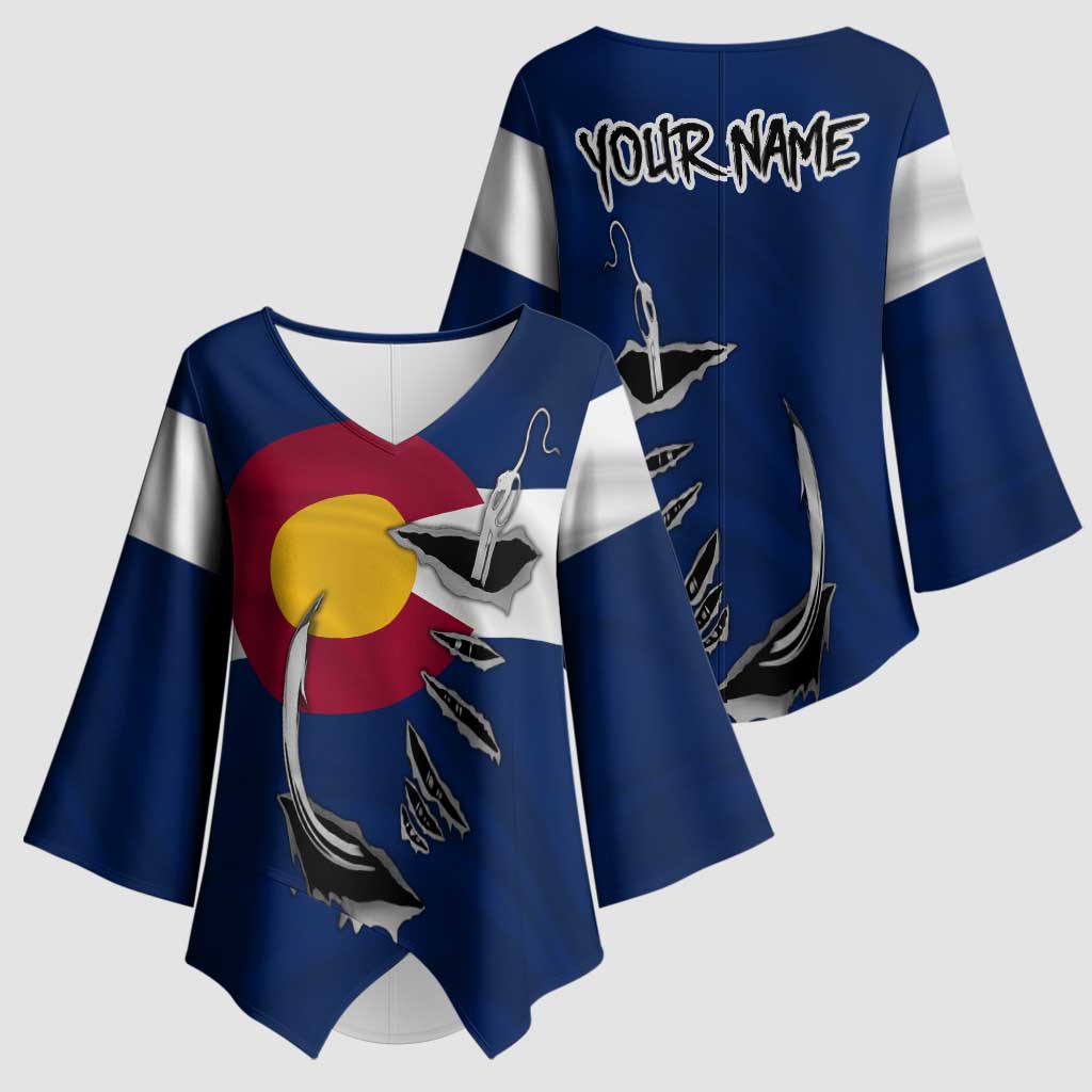 Custom Fishing Hook Kimono Sleeve Blouse with Colorado Flag Theme and Blue White Graphic Pattern - Wonder Print Shop