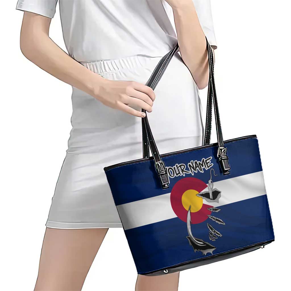 Custom Fishing Hook Leather Tote Bag with Colorado Flag Theme and Blue White Graphic Pattern - Wonder Print Shop
