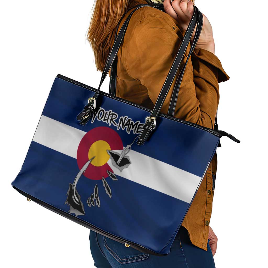 Custom Fishing Hook Leather Tote Bag with Colorado Flag Theme and Blue White Graphic Pattern - Wonder Print Shop