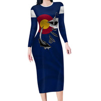 Custom Fishing Hook Long Sleeve Bodycon Dress with Colorado Flag Theme and Blue White Graphic Pattern - Wonder Print Shop