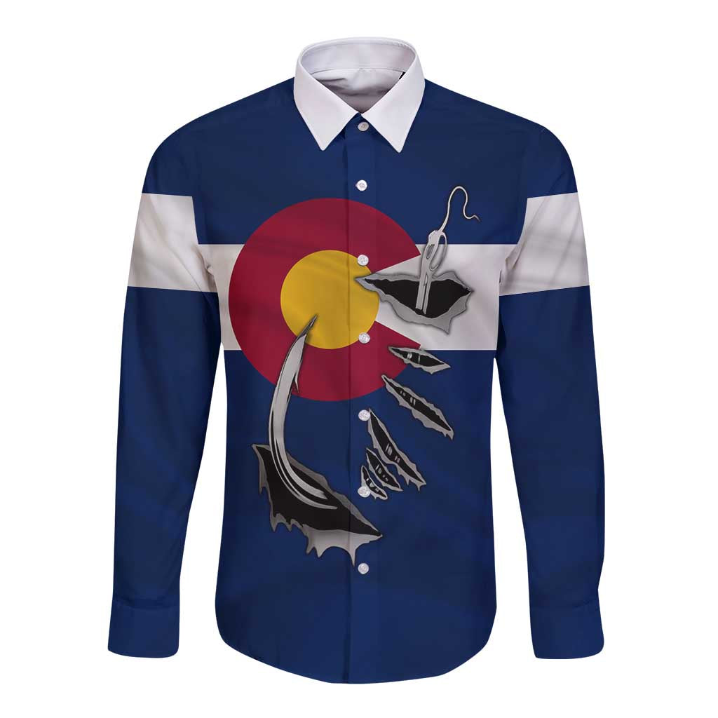 Custom Fishing Hook Long Sleeve Button Shirt with Colorado Flag Theme and Blue White Graphic Pattern - Wonder Print Shop