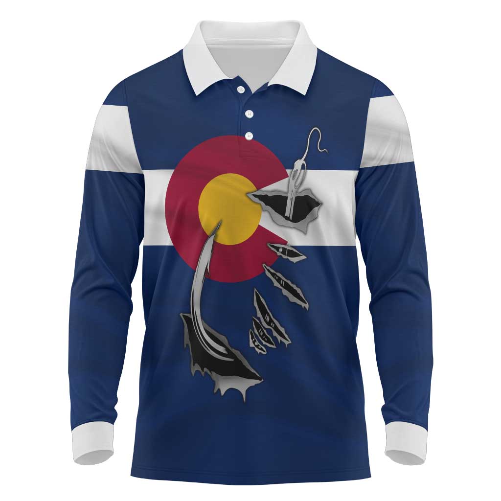 Custom Fishing Hook Long Sleeve Polo Shirt with Colorado Flag Theme and Blue White Graphic Pattern - Wonder Print Shop
