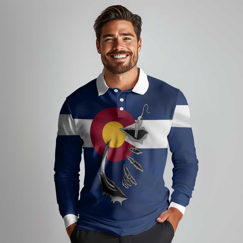 Custom Fishing Hook Long Sleeve Polo Shirt with Colorado Flag Theme and Blue White Graphic Pattern - Wonder Print Shop