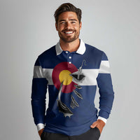 Custom Fishing Hook Long Sleeve Polo Shirt with Colorado Flag Theme and Blue White Graphic Pattern - Wonder Print Shop