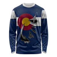 Custom Fishing Hook Long Sleeve Shirt with Colorado Flag Theme and Blue White Graphic Pattern - Wonder Print Shop