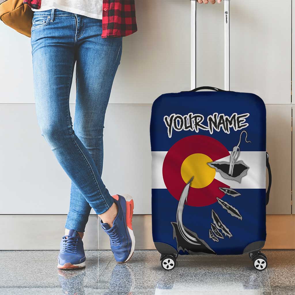 Custom Fishing Hook Luggage Cover with Colorado Flag Theme and Blue White Graphic Pattern - Wonder Print Shop