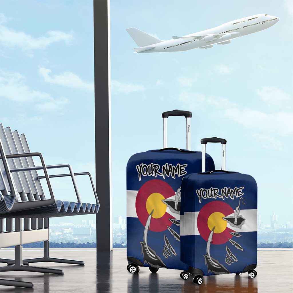 Custom Fishing Hook Luggage Cover with Colorado Flag Theme and Blue White Graphic Pattern - Wonder Print Shop