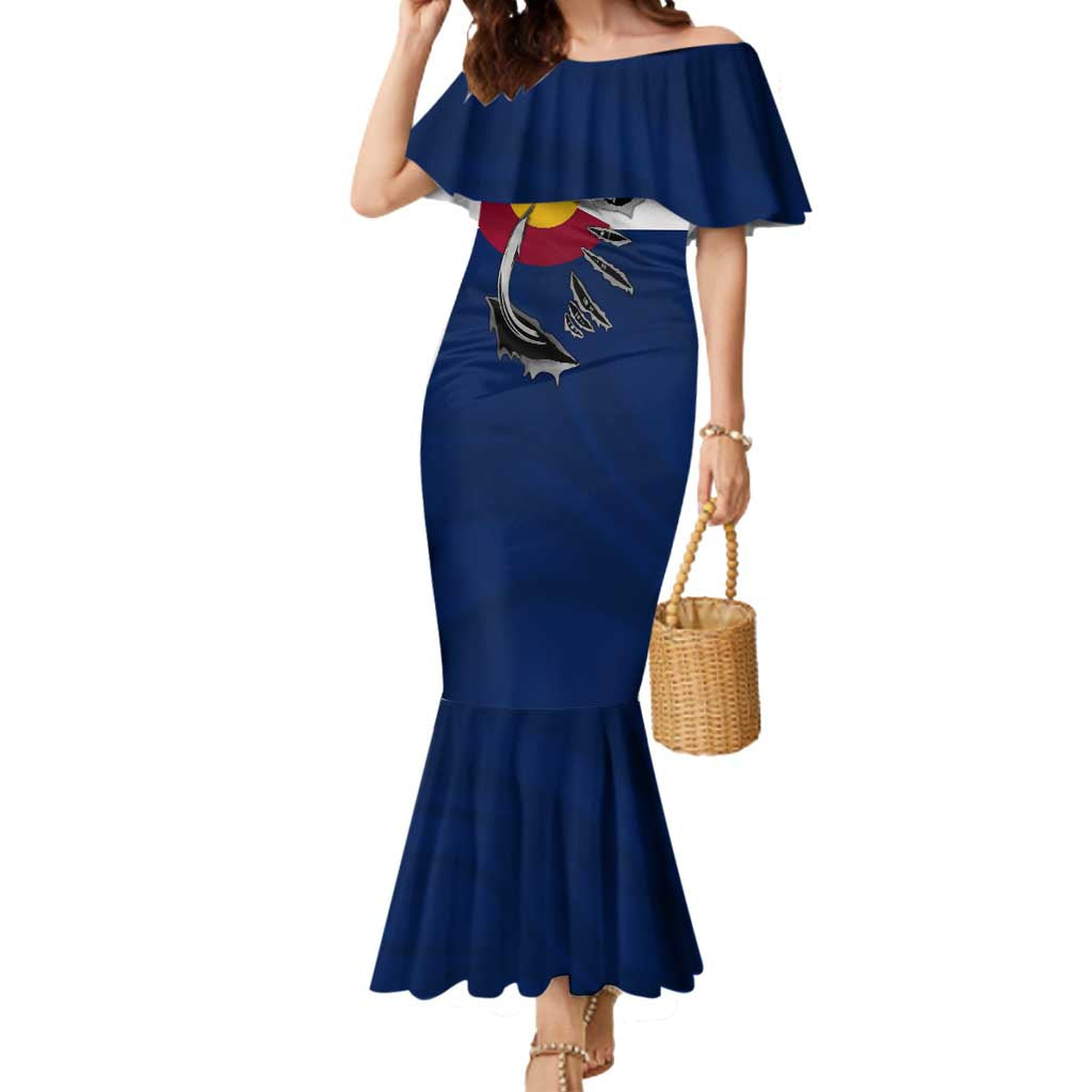 Custom Fishing Hook Mermaid Dress with Colorado Flag Theme and Blue White Graphic Pattern - Wonder Print Shop