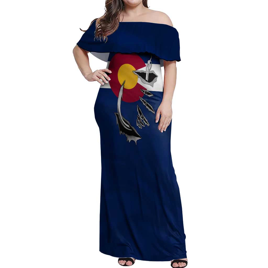 Custom Fishing Hook Off Shoulder Maxi Dress with Colorado Flag Theme and Blue White Graphic Pattern - Wonder Print Shop