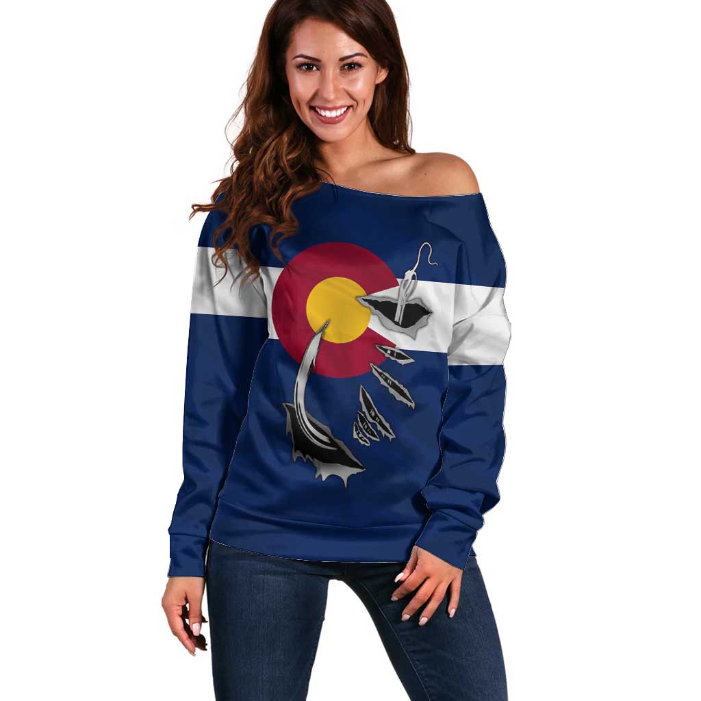 Custom Fishing Hook Off Shoulder Sweater with Colorado Flag Theme and Blue White Graphic Pattern - Wonder Print Shop