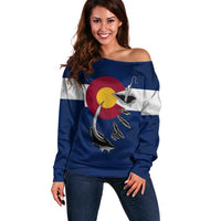 Custom Fishing Hook Off Shoulder Sweater with Colorado Flag Theme and Blue White Graphic Pattern - Wonder Print Shop
