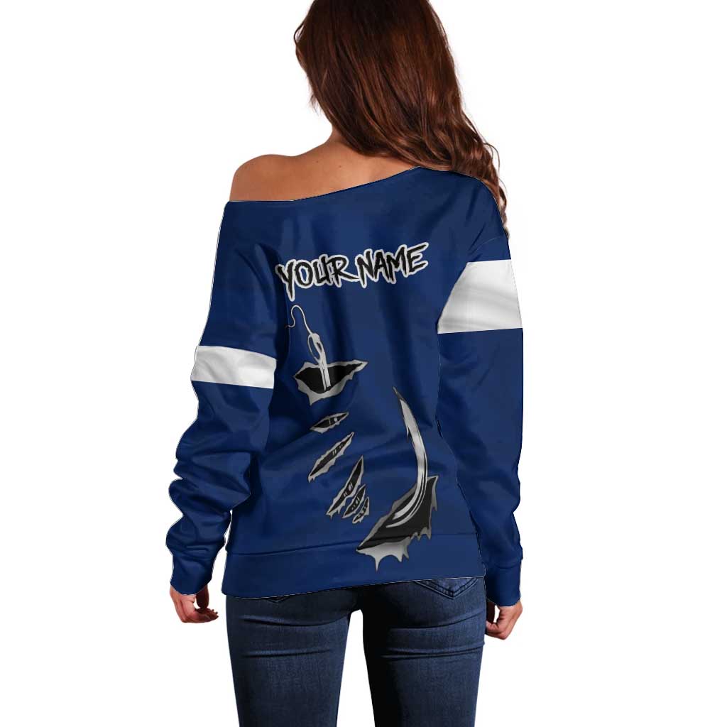Custom Fishing Hook Off Shoulder Sweater with Colorado Flag Theme and Blue White Graphic Pattern - Wonder Print Shop