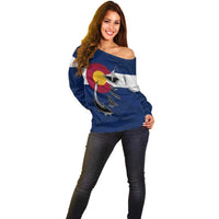 Custom Fishing Hook Off Shoulder Sweater with Colorado Flag Theme and Blue White Graphic Pattern - Wonder Print Shop
