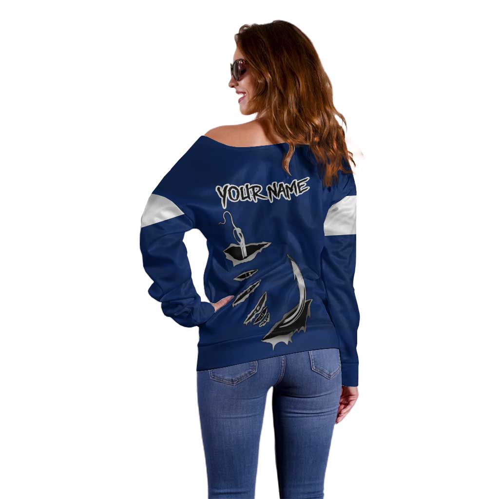 Custom Fishing Hook Off Shoulder Sweater with Colorado Flag Theme and Blue White Graphic Pattern - Wonder Print Shop