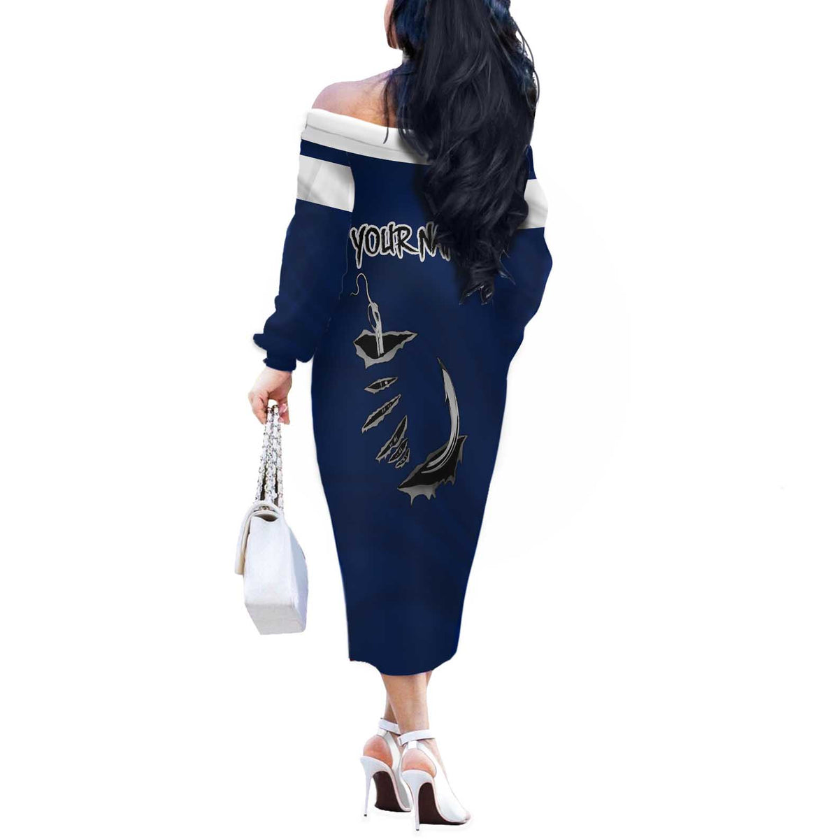 Custom Fishing Hook Off The Shoulder Long Sleeve Dress with Colorado Flag Theme and Blue White Graphic Pattern - Wonder Print Shop