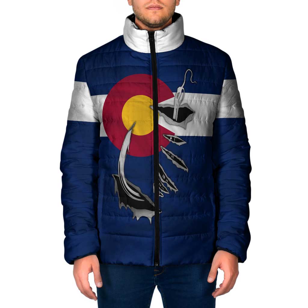 Custom Fishing Hook Padded Jacket with Colorado Flag Theme and Blue White Graphic Pattern - Wonder Print Shop