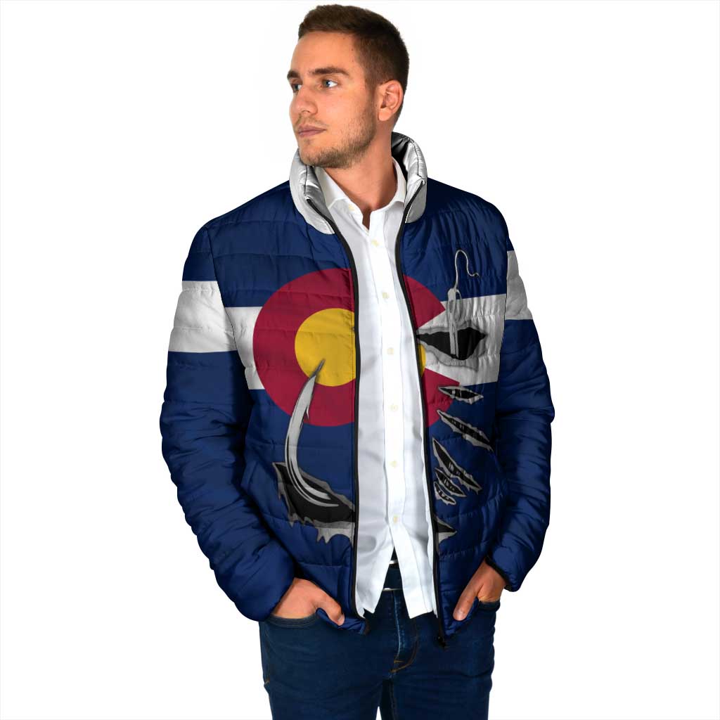 Custom Fishing Hook Padded Jacket with Colorado Flag Theme and Blue White Graphic Pattern - Wonder Print Shop