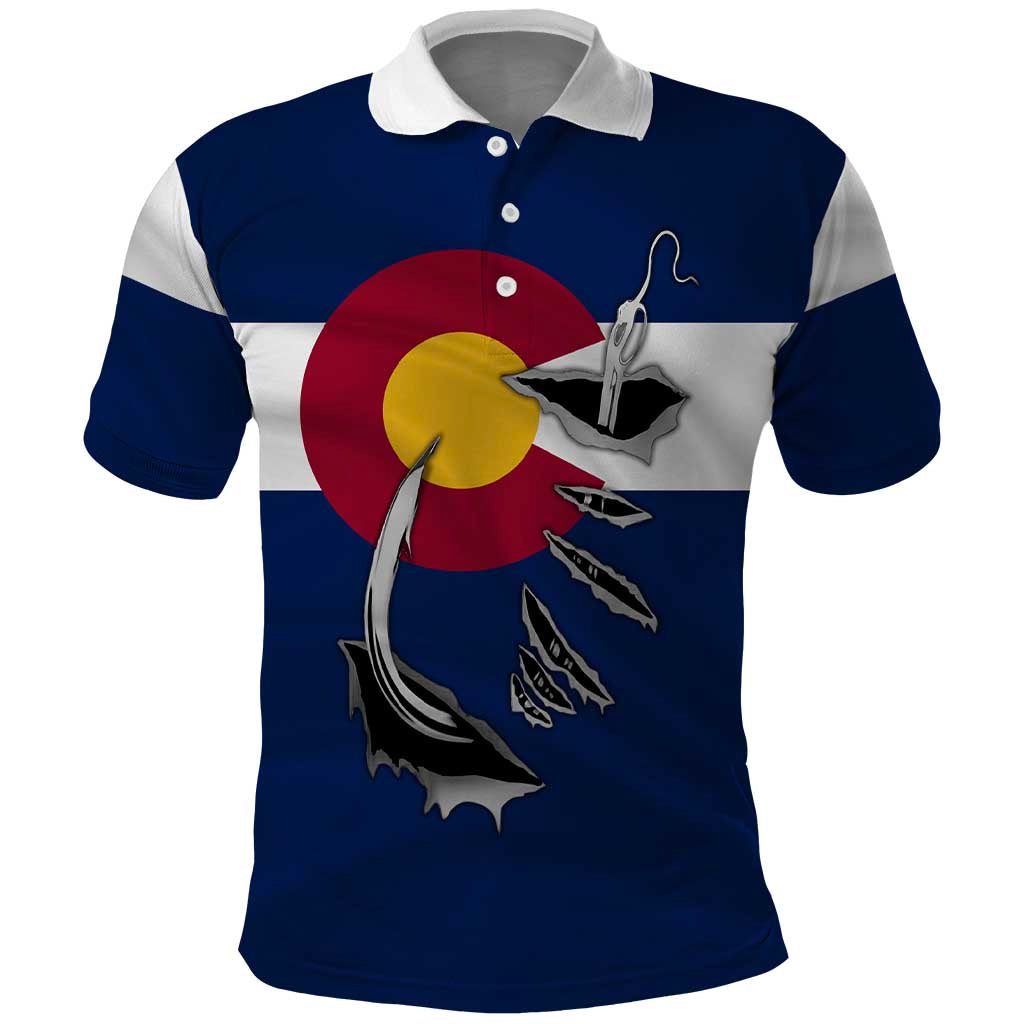Custom Fishing Hook Polo Shirt with Colorado Flag Theme and Blue White Graphic Pattern - Wonder Print Shop