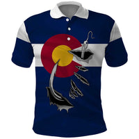 Custom Fishing Hook Polo Shirt with Colorado Flag Theme and Blue White Graphic Pattern - Wonder Print Shop
