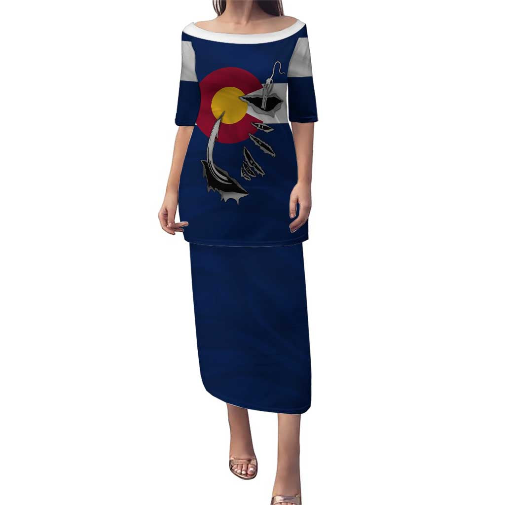 Custom Fishing Hook Puletasi with Colorado Flag Theme and Blue White Graphic Pattern - Wonder Print Shop