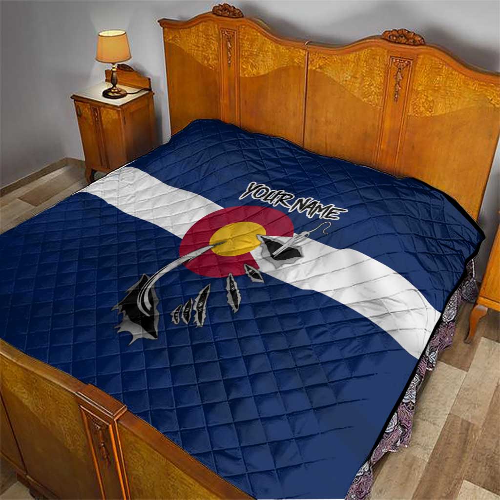 Custom Fishing Hook Quilt with Colorado Flag Theme and Blue White Graphic Pattern - Wonder Print Shop