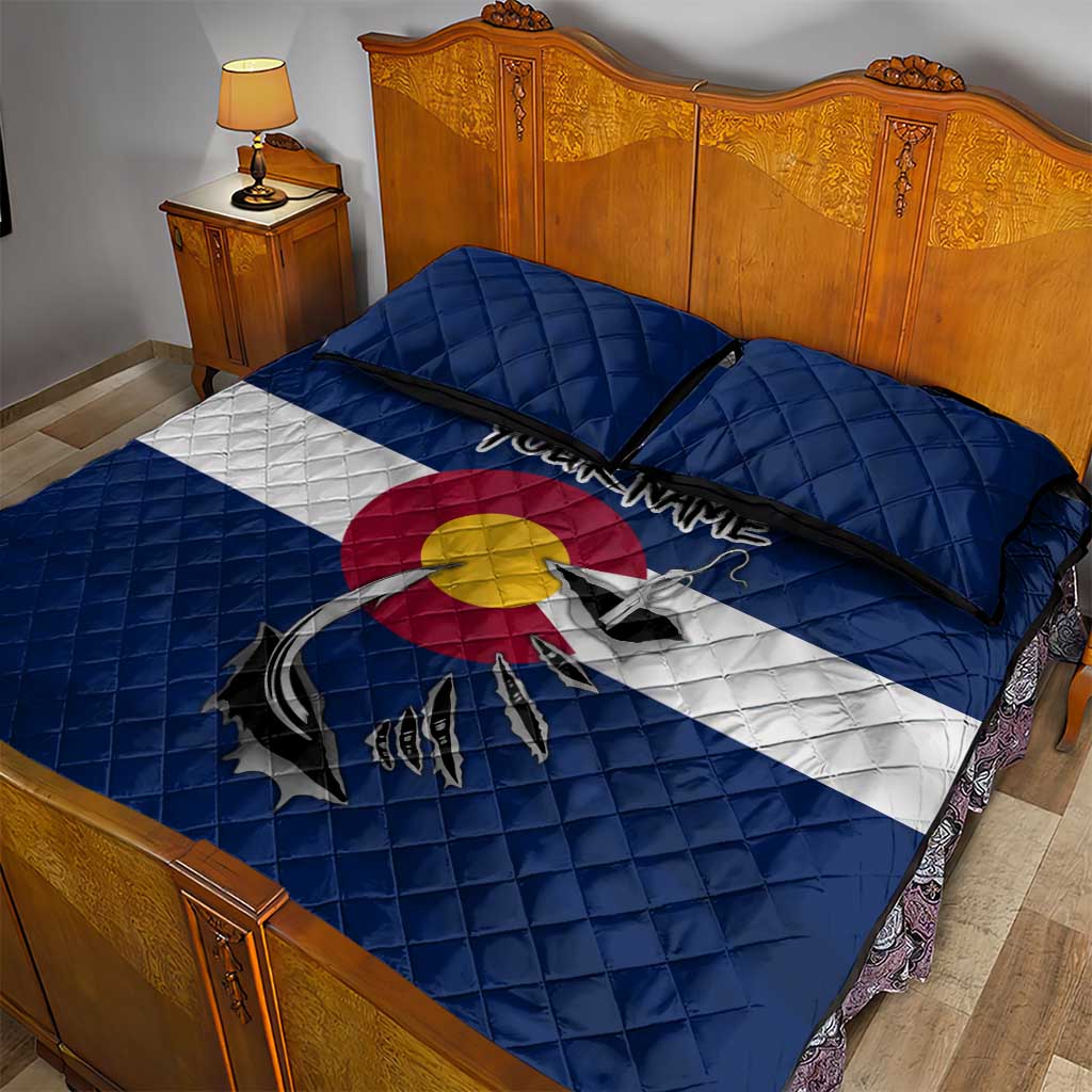 Custom Fishing Hook Quilt Bed Set with Colorado Flag Theme and Blue White Graphic Pattern - Wonder Print Shop