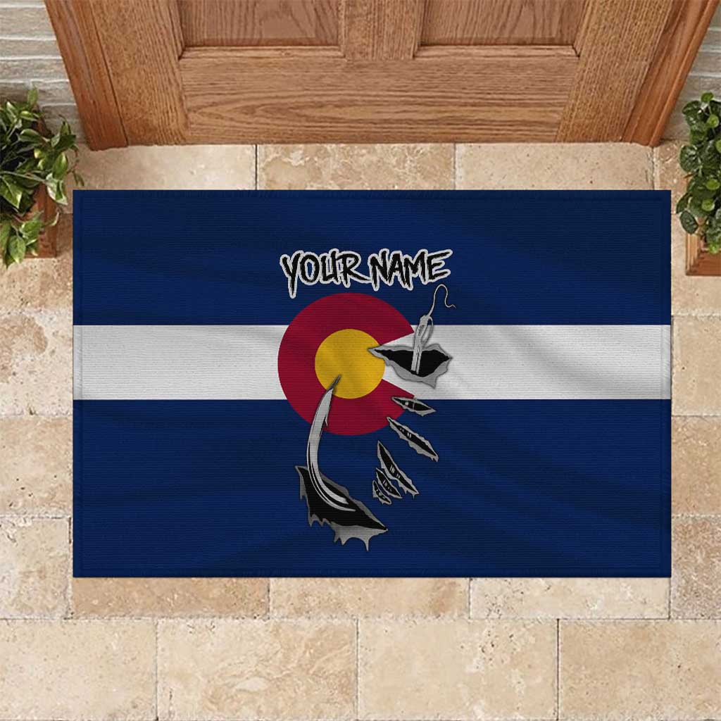 Custom Fishing Hook Rubber Doormat with Colorado Flag Theme and Blue White Graphic Pattern - Wonder Print Shop