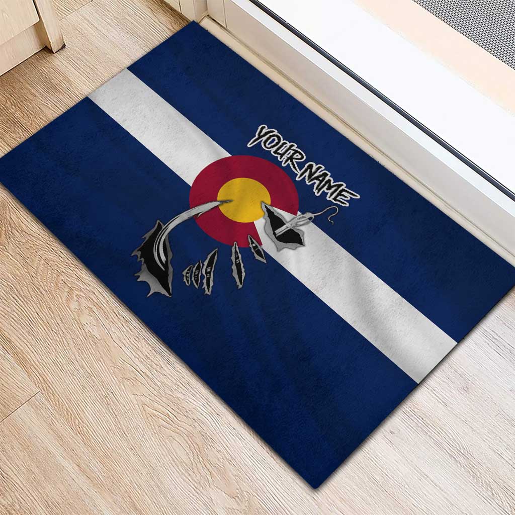 Custom Fishing Hook Rubber Doormat with Colorado Flag Theme and Blue White Graphic Pattern - Wonder Print Shop