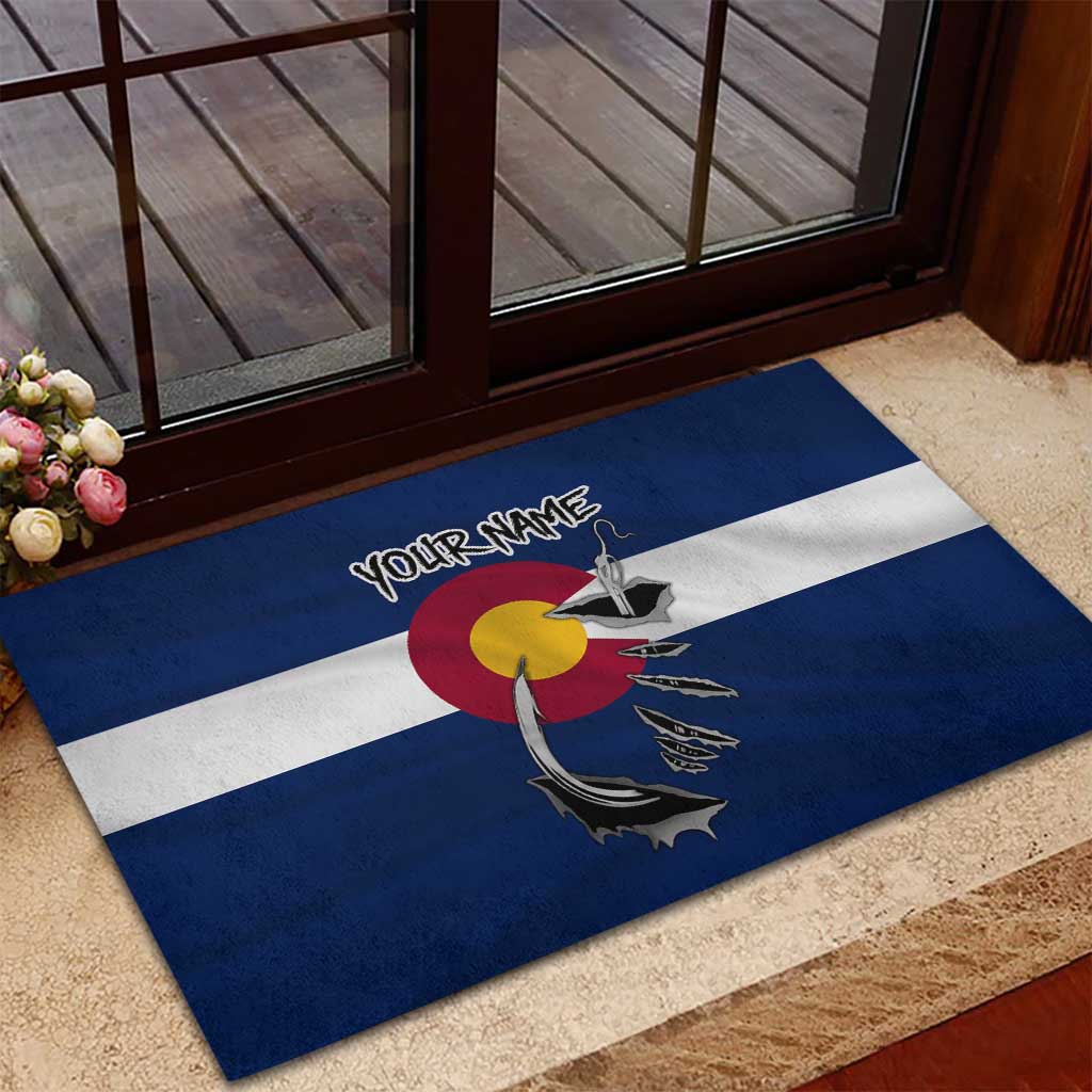 Custom Fishing Hook Rubber Doormat with Colorado Flag Theme and Blue White Graphic Pattern - Wonder Print Shop