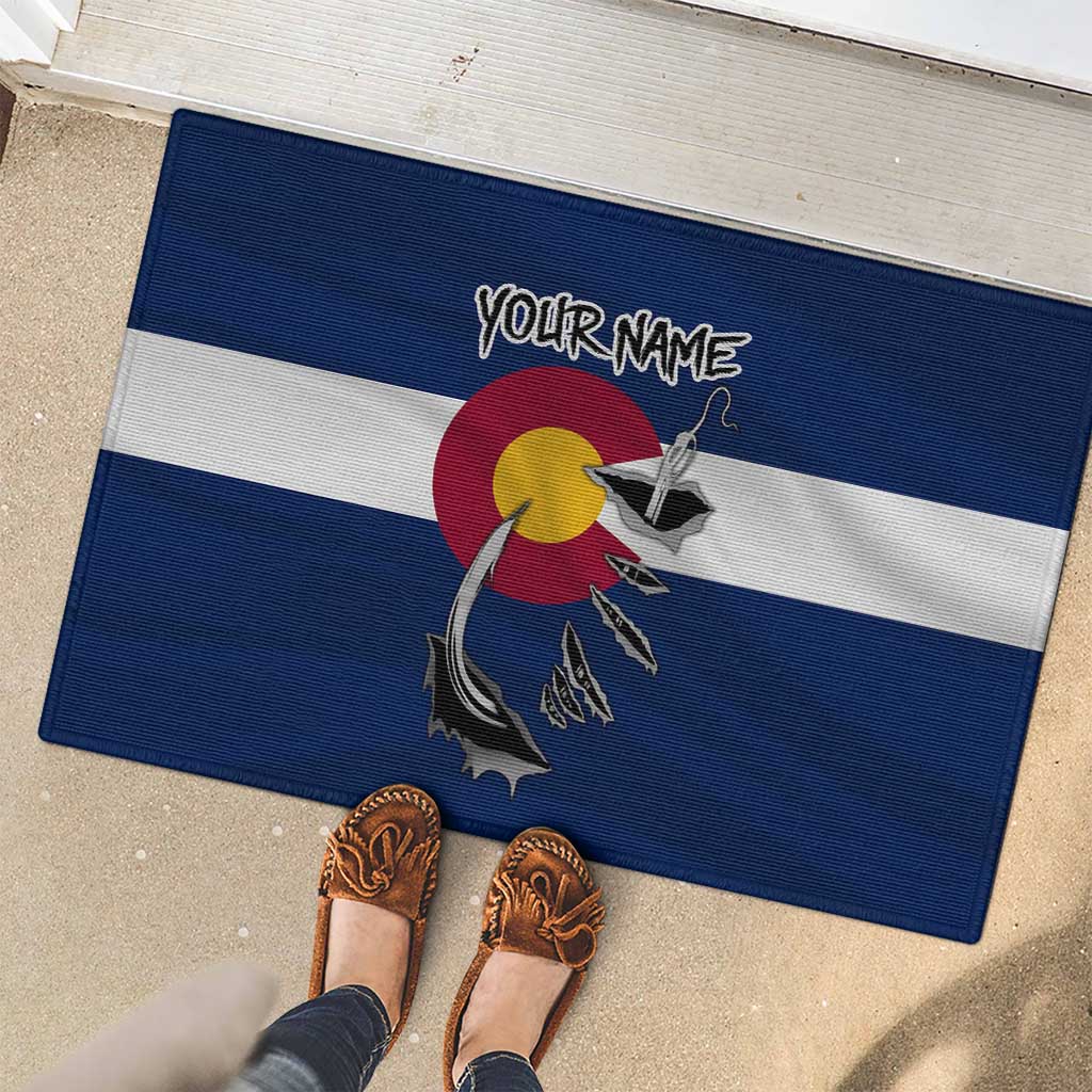 Custom Fishing Hook Rubber Doormat with Colorado Flag Theme and Blue White Graphic Pattern - Wonder Print Shop