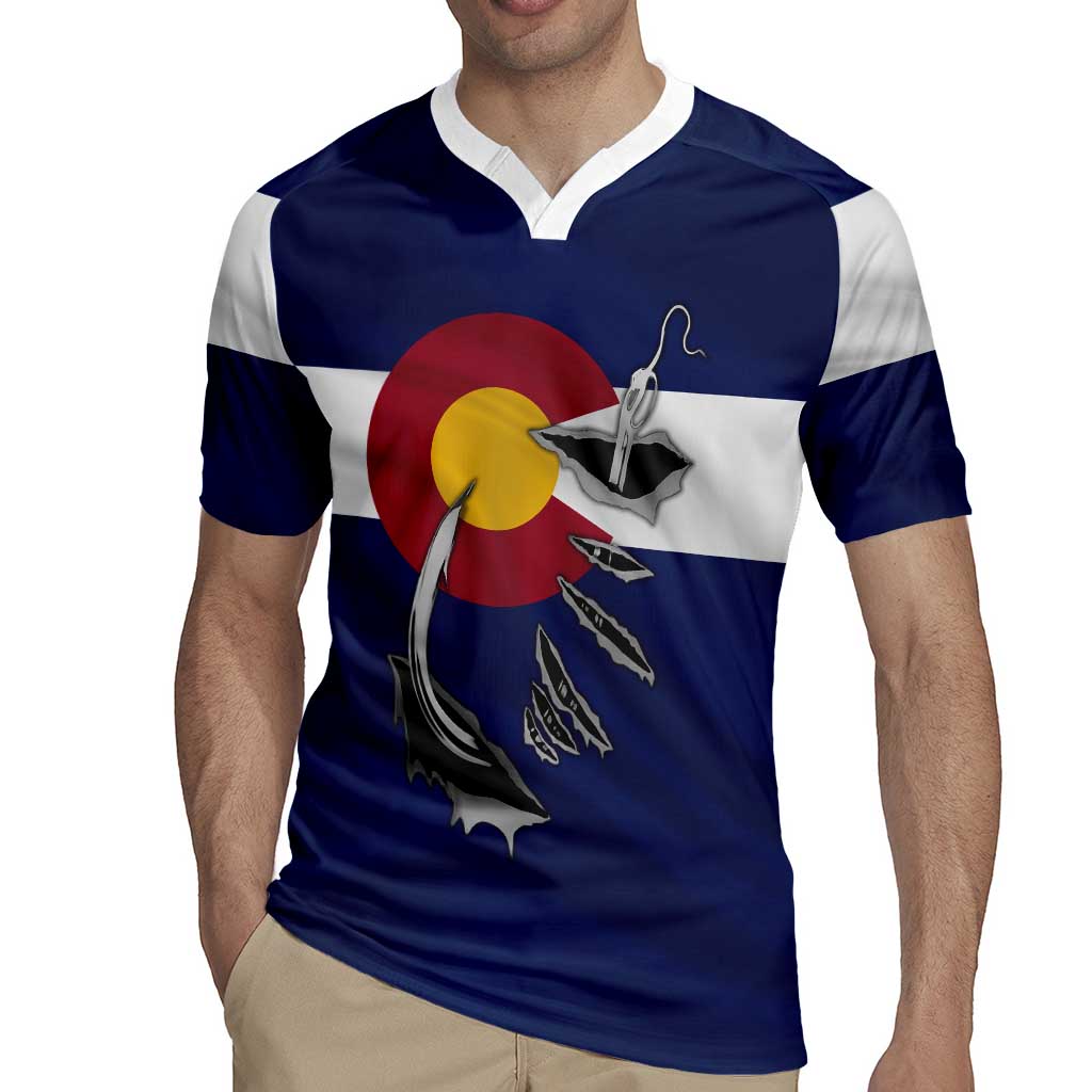 Custom Fishing Hook Rugby Jersey with Colorado Flag Theme and Blue White Graphic Pattern - Wonder Print Shop
