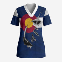 Custom Fishing Hook Scrub Top with Colorado Flag Theme and Blue White Graphic Pattern - Wonder Print Shop