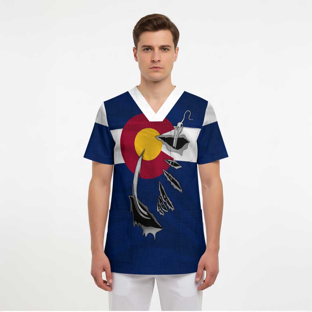 Custom Fishing Hook Scrub Top with Colorado Flag Theme and Blue White Graphic Pattern - Wonder Print Shop