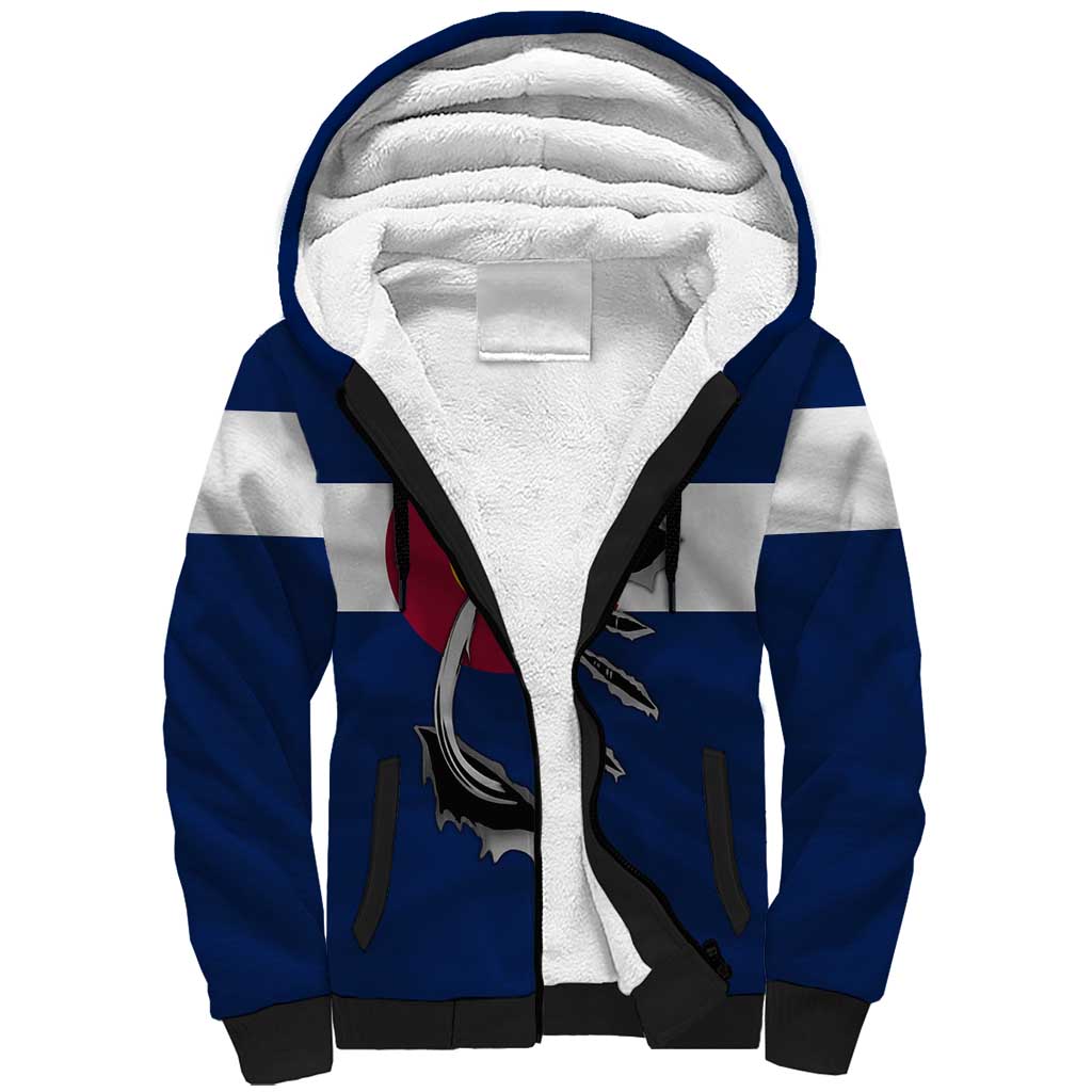 Custom Fishing Hook Sherpa Hoodie with Colorado Flag Theme and Blue White Graphic Pattern - Wonder Print Shop