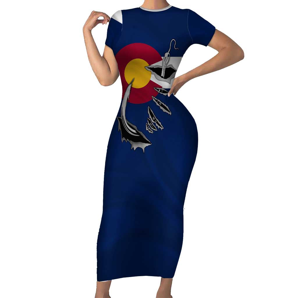Custom Fishing Hook Short Sleeve Bodycon Dress with Colorado Flag Theme and Blue White Graphic Pattern - Wonder Print Shop