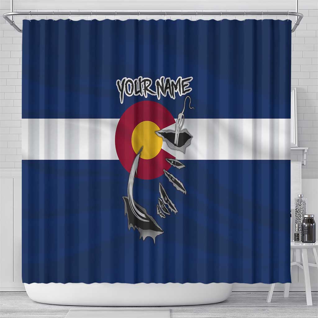 Custom Fishing Hook Shower Curtain with Colorado Flag Theme and Blue White Graphic Pattern - Wonder Print Shop