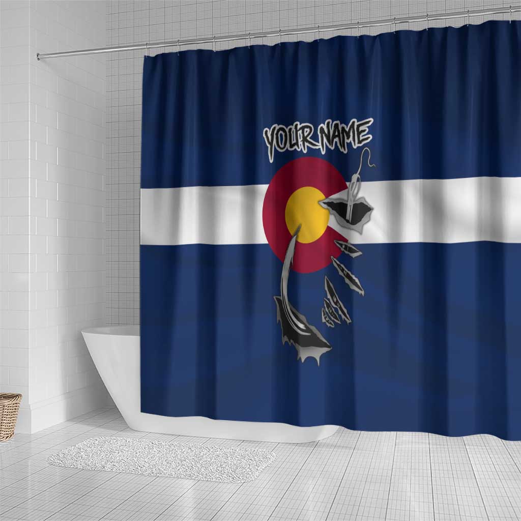 Custom Fishing Hook Shower Curtain with Colorado Flag Theme and Blue White Graphic Pattern - Wonder Print Shop