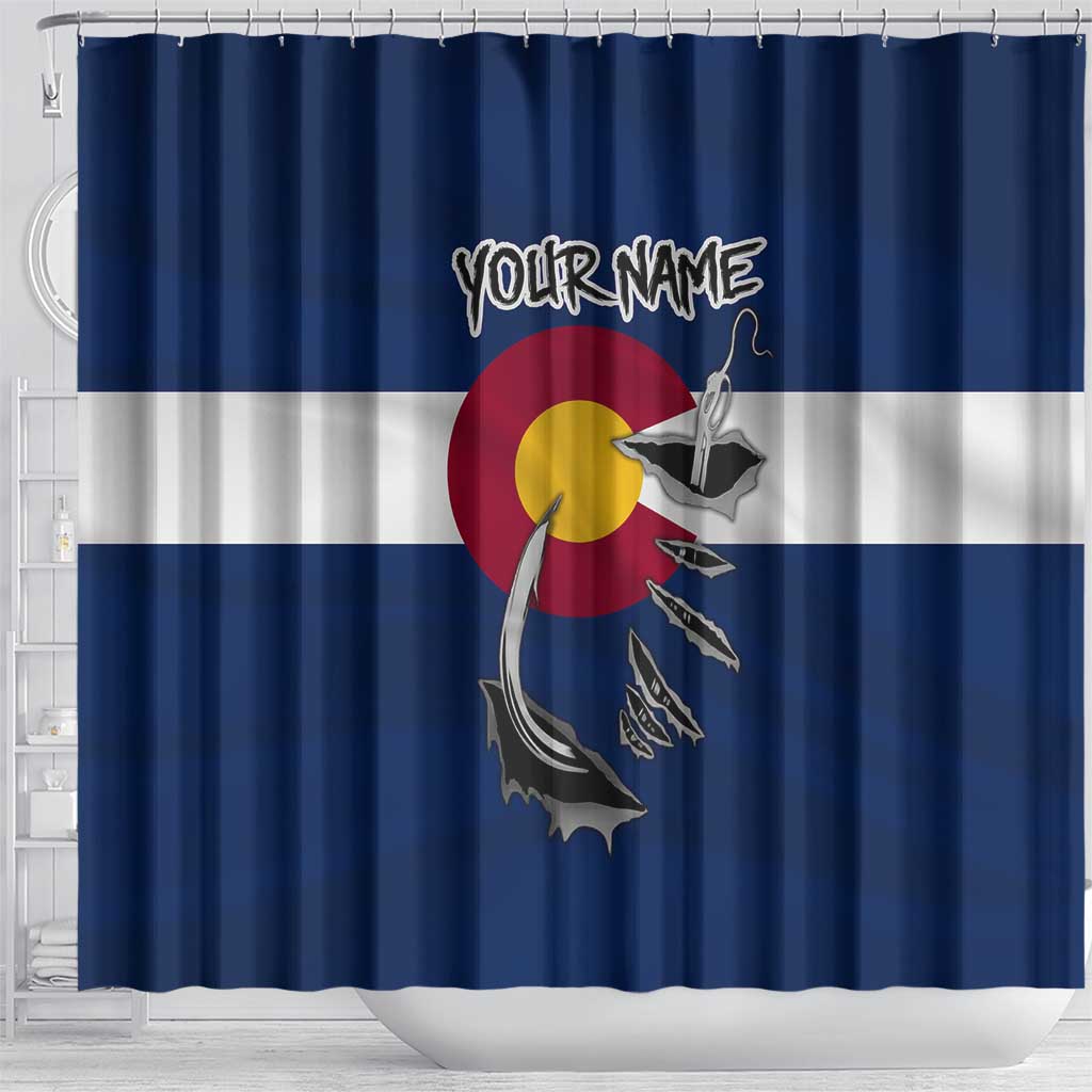 Custom Fishing Hook Shower Curtain with Colorado Flag Theme and Blue White Graphic Pattern - Wonder Print Shop