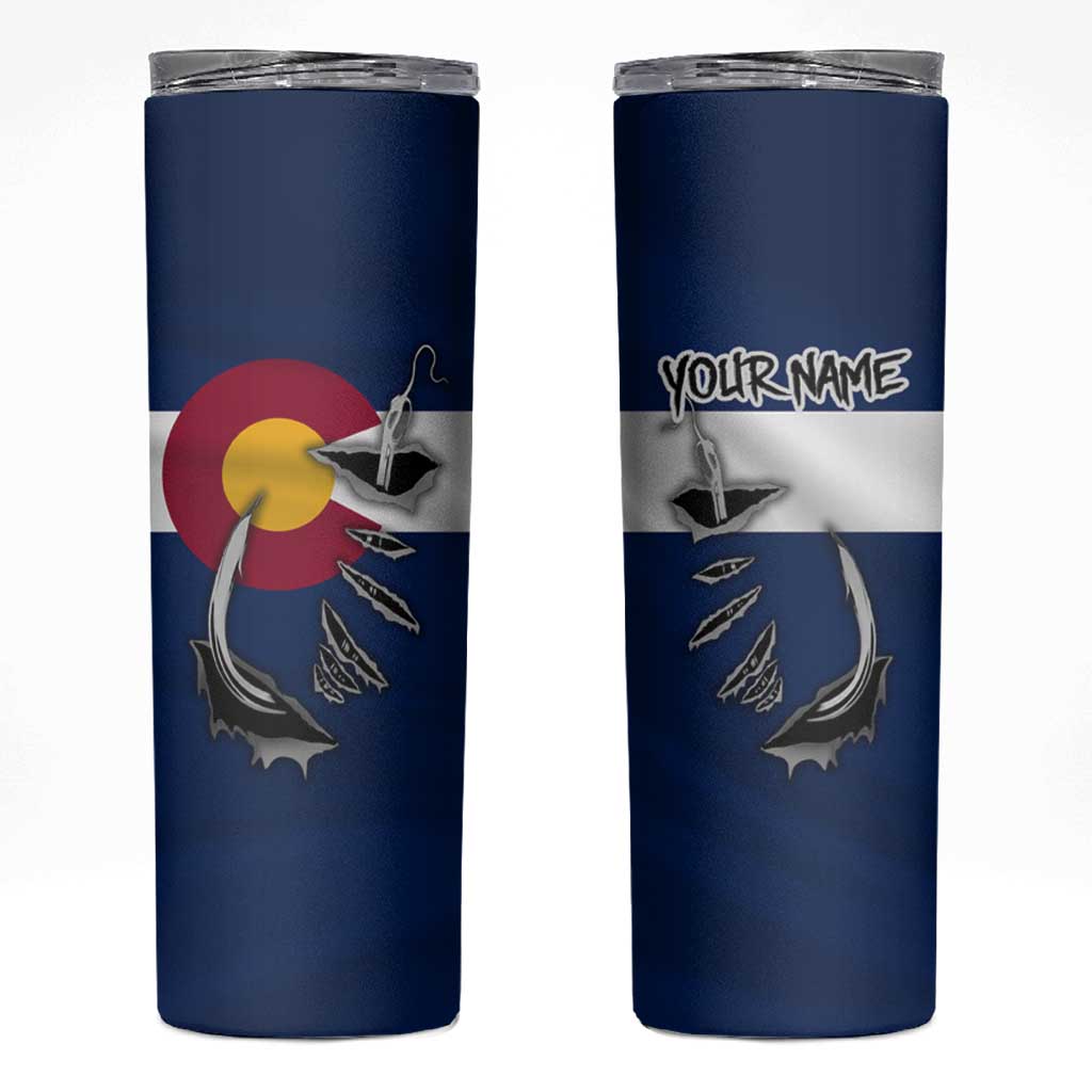 Custom Fishing Hook Skinny Tumbler with Colorado Flag Theme and Blue White Graphic Pattern - Wonder Print Shop