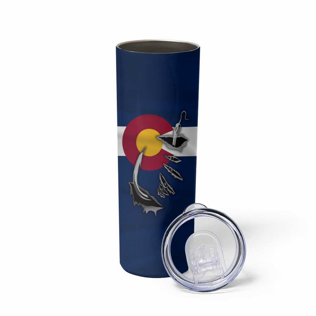 Custom Fishing Hook Skinny Tumbler with Colorado Flag Theme and Blue White Graphic Pattern - Wonder Print Shop