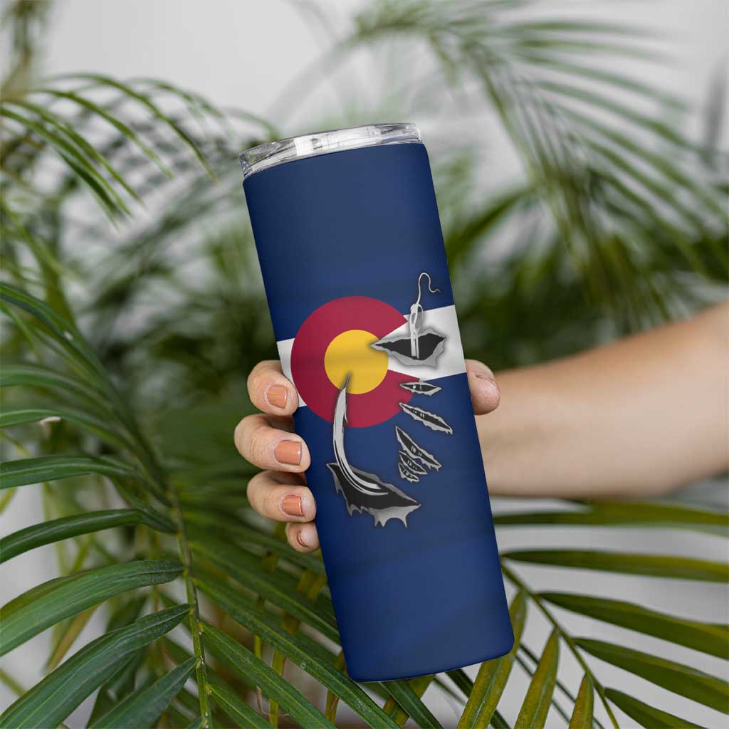 Custom Fishing Hook Skinny Tumbler with Colorado Flag Theme and Blue White Graphic Pattern - Wonder Print Shop