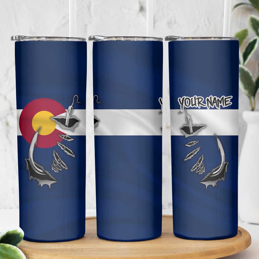 Custom Fishing Hook Skinny Tumbler with Colorado Flag Theme and Blue White Graphic Pattern - Wonder Print Shop