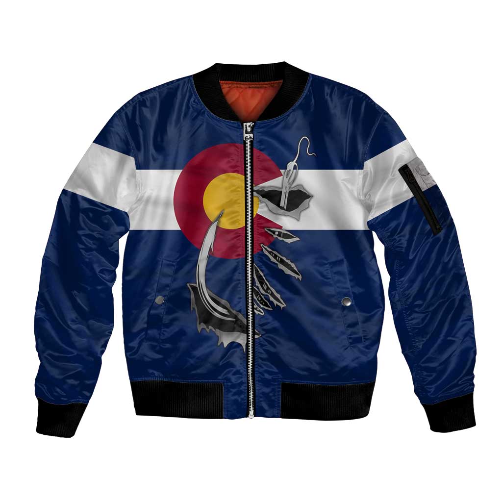 Custom Fishing Hook Sleeve Zip Bomber Jacket with Colorado Flag Theme and Blue White Graphic Pattern - Wonder Print Shop