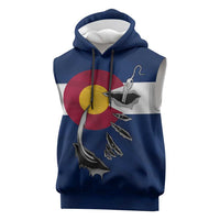 Custom Fishing Hook Sleeveless Hoodie with Colorado Flag Theme and Blue White Graphic Pattern - Wonder Print Shop