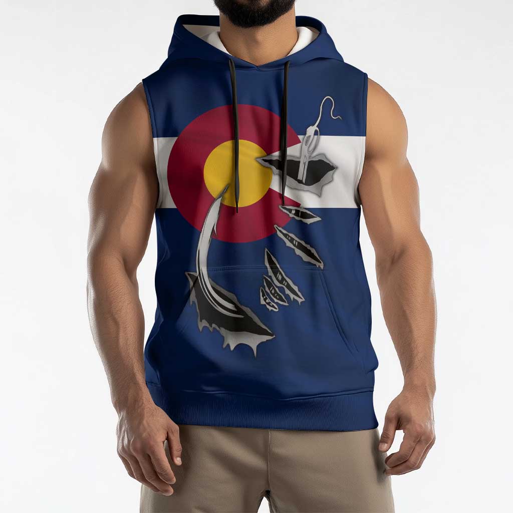 Custom Fishing Hook Sleeveless Hoodie with Colorado Flag Theme and Blue White Graphic Pattern - Wonder Print Shop