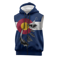 Custom Fishing Hook Sleeveless Zip Hoodie with Colorado Flag Theme and Blue White Graphic Pattern - Wonder Print Shop