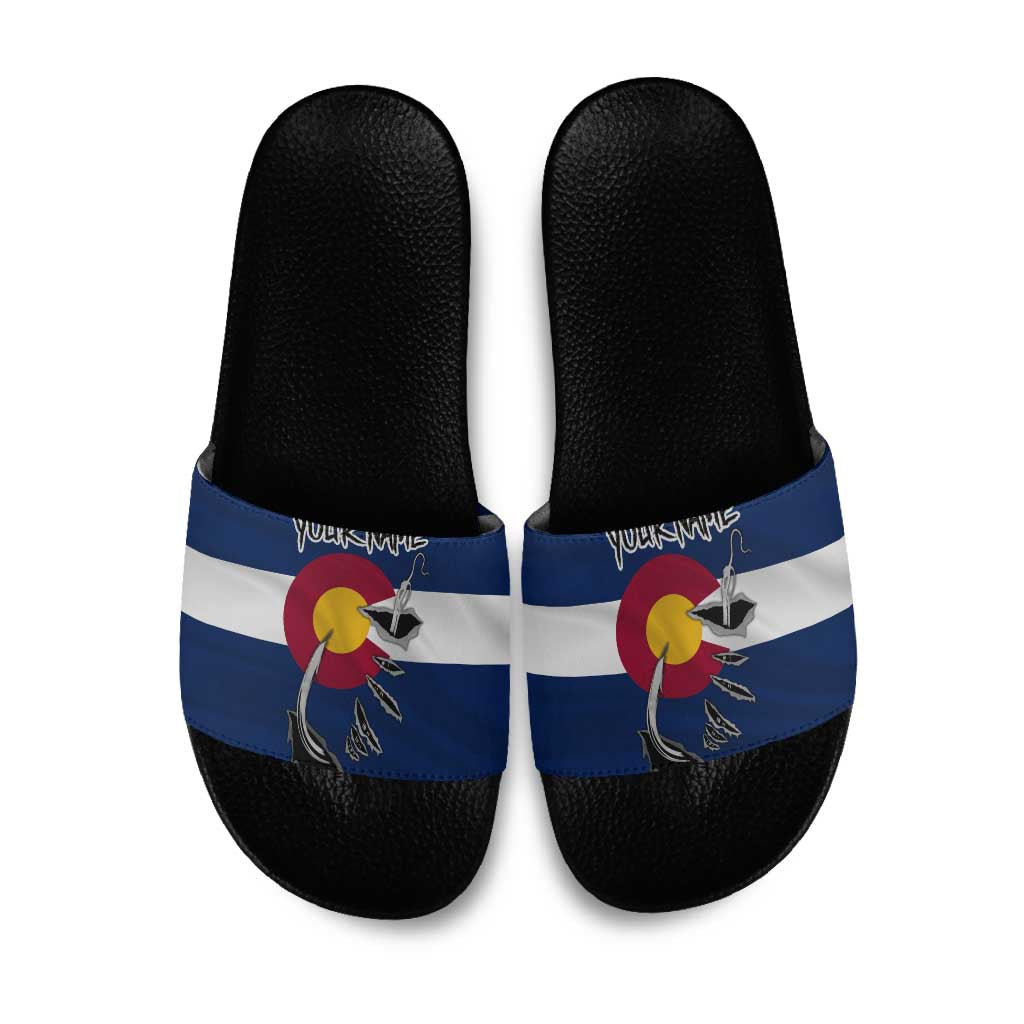 Custom Fishing Hook Slide Sandals with Colorado Flag Theme and Blue White Graphic Pattern - Wonder Print Shop