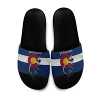 Custom Fishing Hook Slide Sandals with Colorado Flag Theme and Blue White Graphic Pattern - Wonder Print Shop