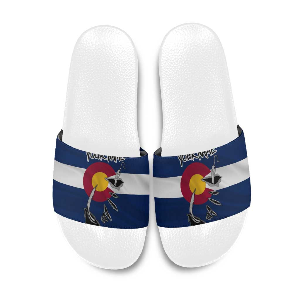 Custom Fishing Hook Slide Sandals with Colorado Flag Theme and Blue White Graphic Pattern - Wonder Print Shop