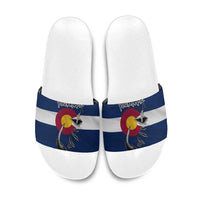 Custom Fishing Hook Slide Sandals with Colorado Flag Theme and Blue White Graphic Pattern - Wonder Print Shop
